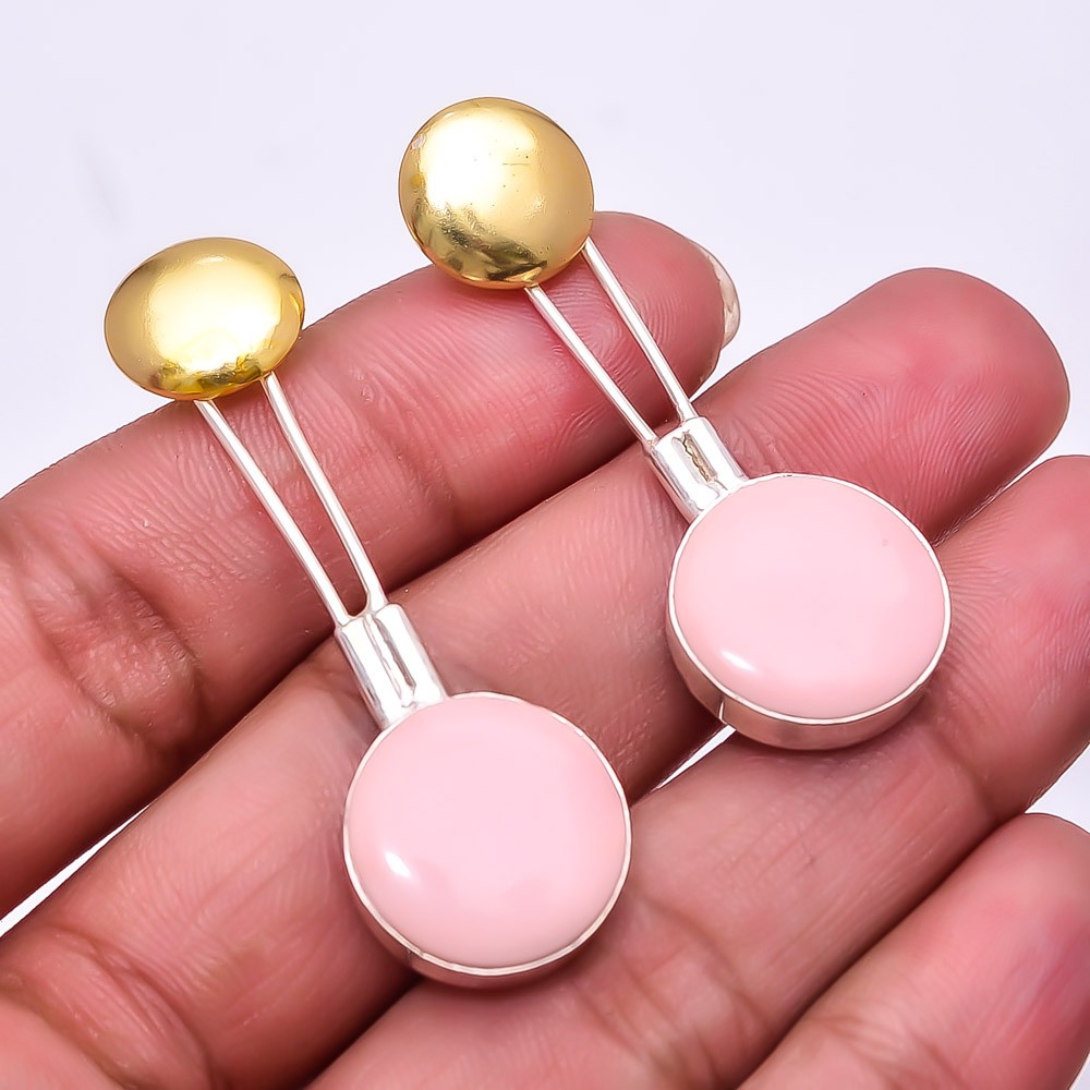 Pink Opal 925 Sterling Silver Two Tone Earring 1.95″ E54, Christmas Gift