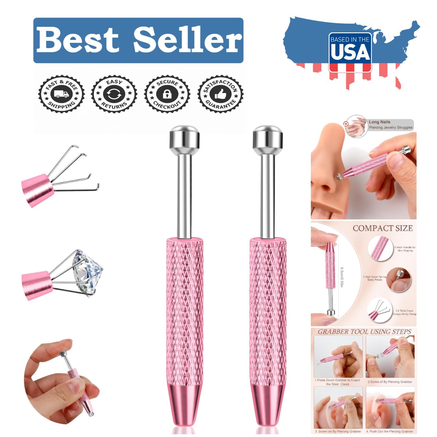 Compact 2 Pcs Jewelry Changing Tools – Pink Stainless Steel with Anti-Slip Grip