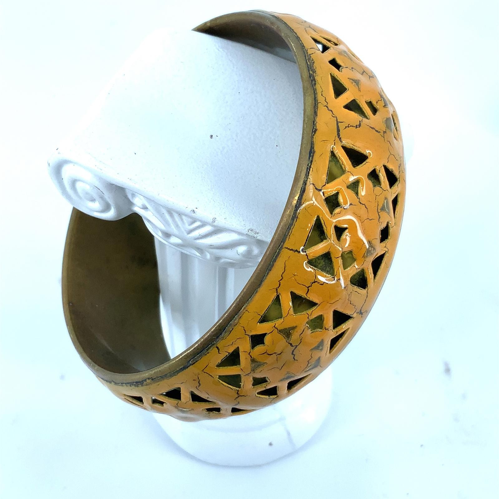 Vintage Brass Mustard Yellow Enamel Geometric Cutout Bangle Boho Cuff Bracelet