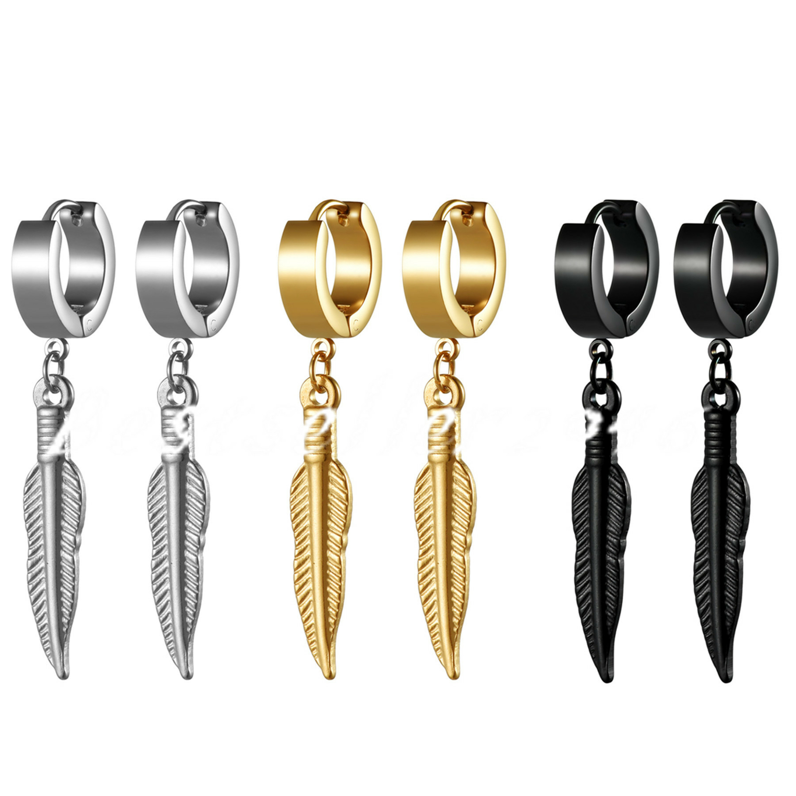 2pcs Men Women Stainless Steel Long Feather Dangle Hoop Huggie Earrings Studs