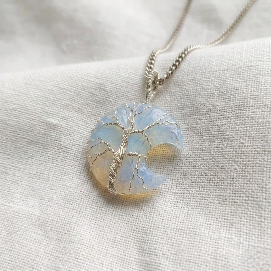 Opalite Crescent Necklace 40-45Ct | Tree of Life, Silver Wire Wrapped Pendant