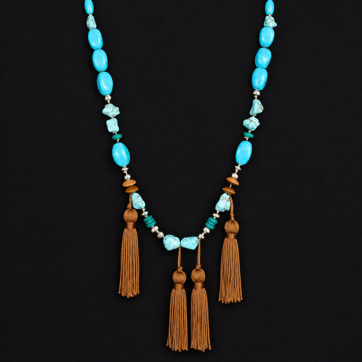 Chico’s Faux Turquoise Beads Gold Fabric Tassels Leather Cords Long 38″ Necklace