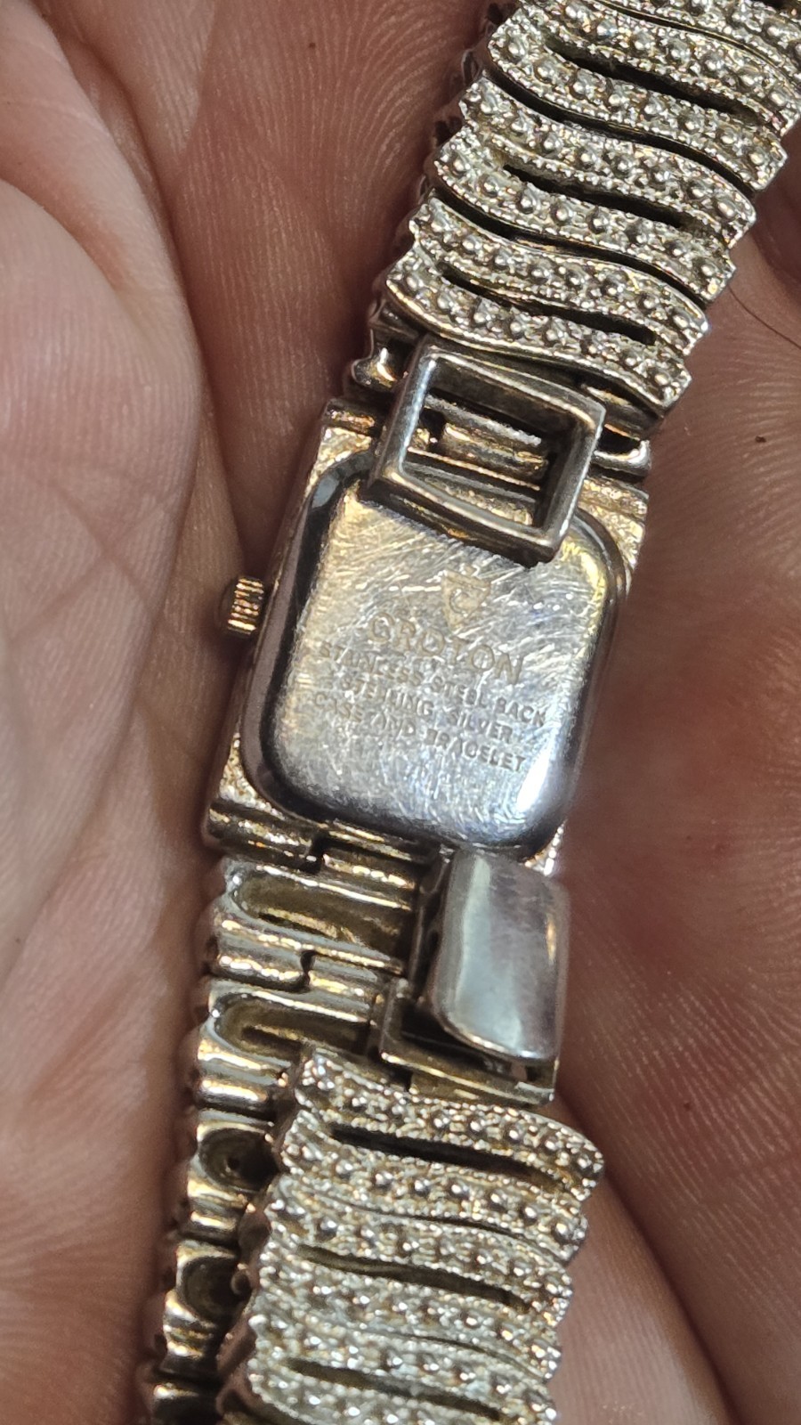 Vintage Croton Diamond Cut Solid Sterling Silver Mother Of Pearl Watch Small 6.7