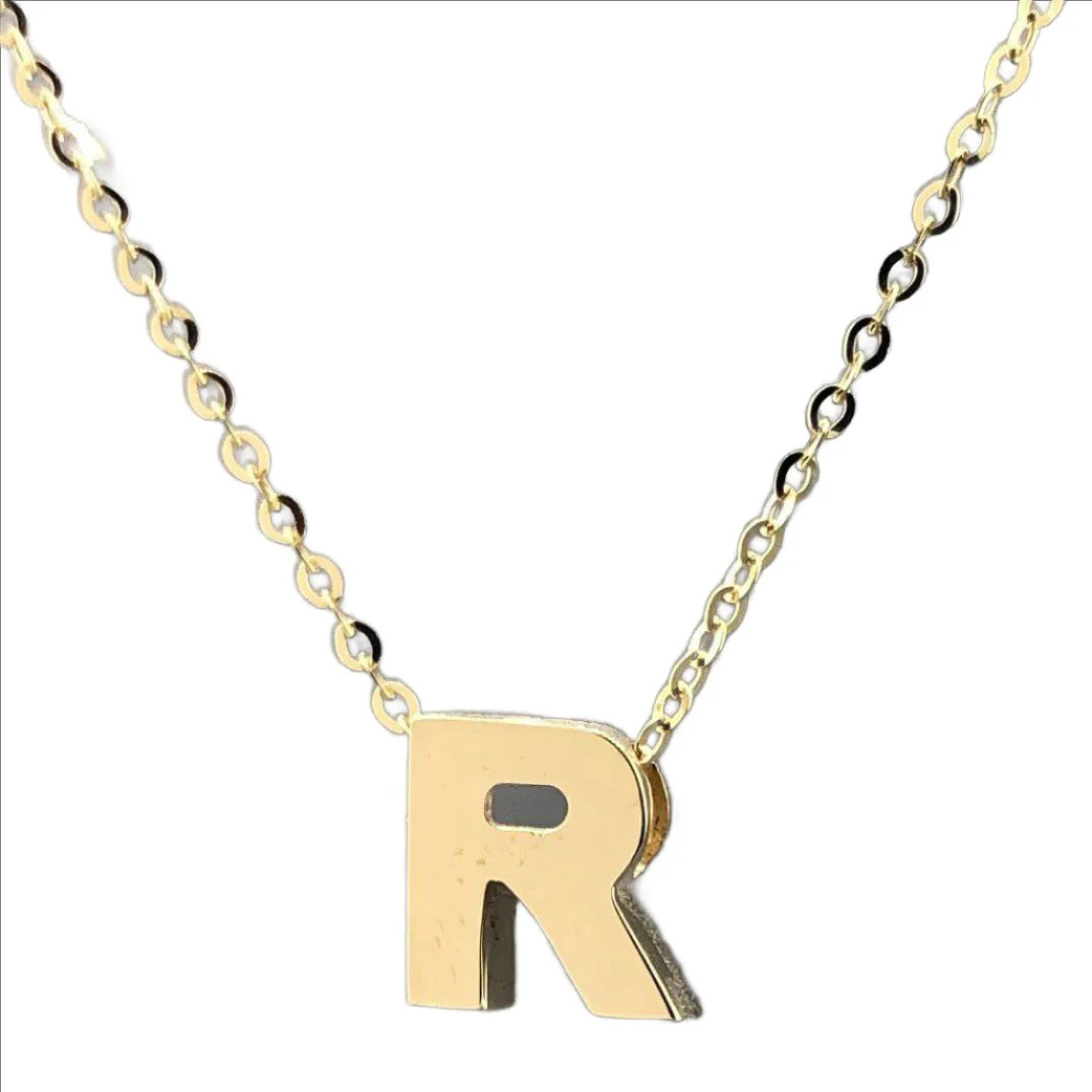 14K Yellow Gold initial ‘R’ pendant on a 16″ chain with a 2″ extender