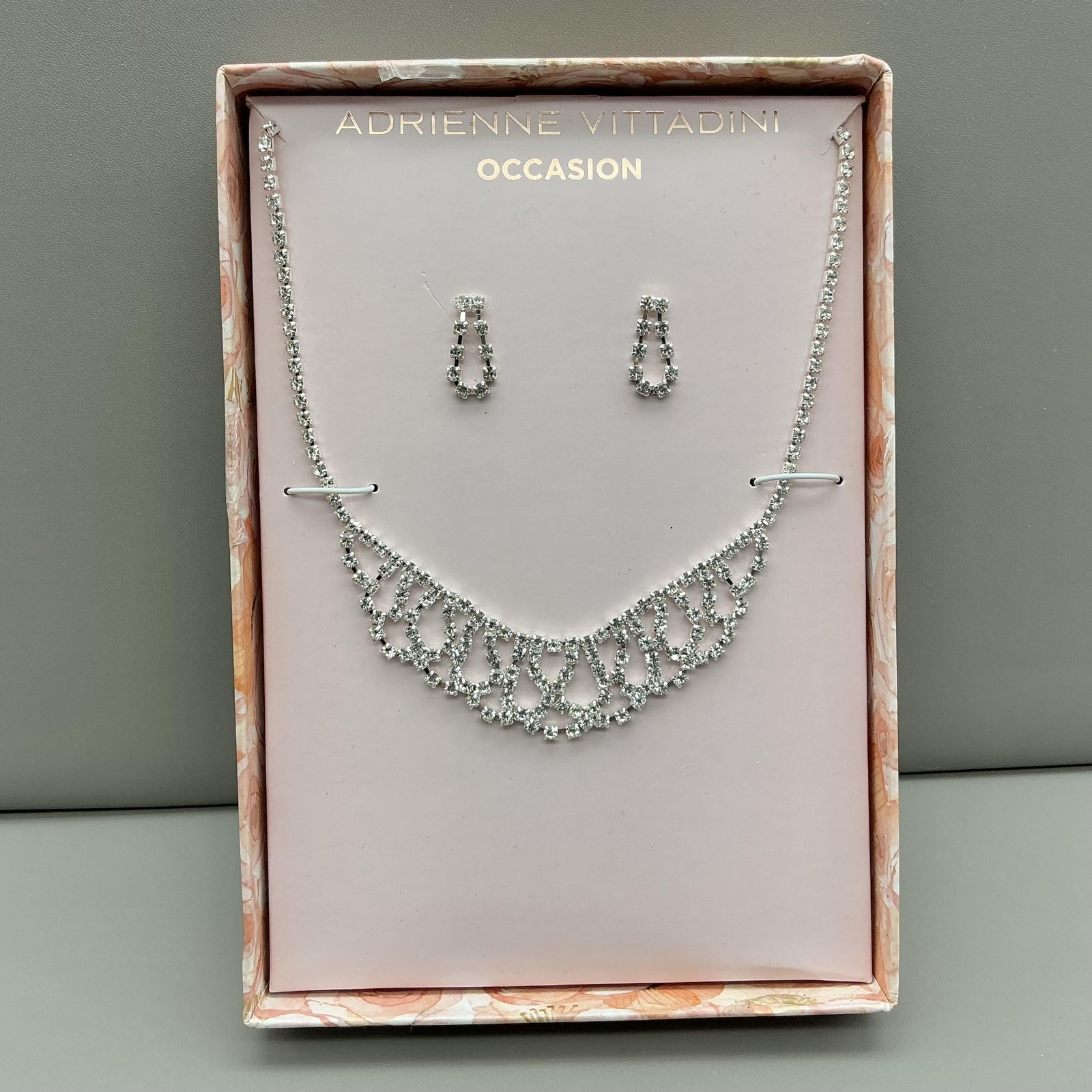 Adrienne Vittadini Necklace Earrings Set Silver Tone Rhinestone Bridal Jewelry