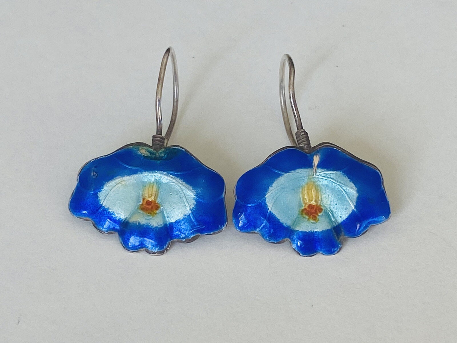 Antique Vintage Chinese Export Sterling Silver Blue Enamel Dangle Earrings