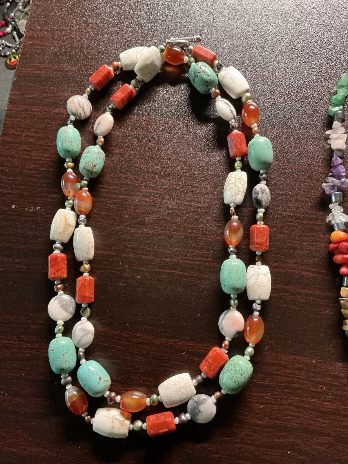 Lot Of 3 Hematite Crucifix, Turquoise Howlite Coral Amethyst Tigereye Necklaces
