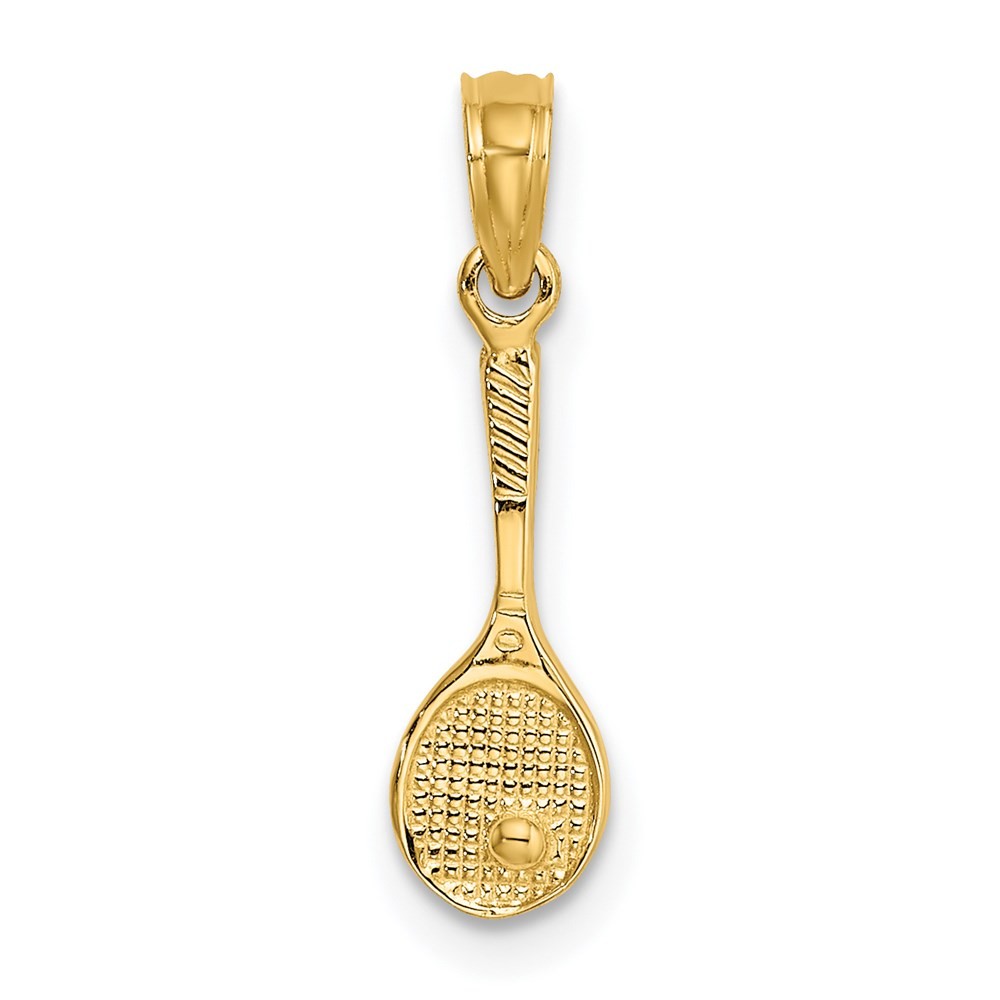 14K Yellow Gold Solid Polished 3-D Tennis Racquet Charm Pendant L-13.4mm,W-5.1mm