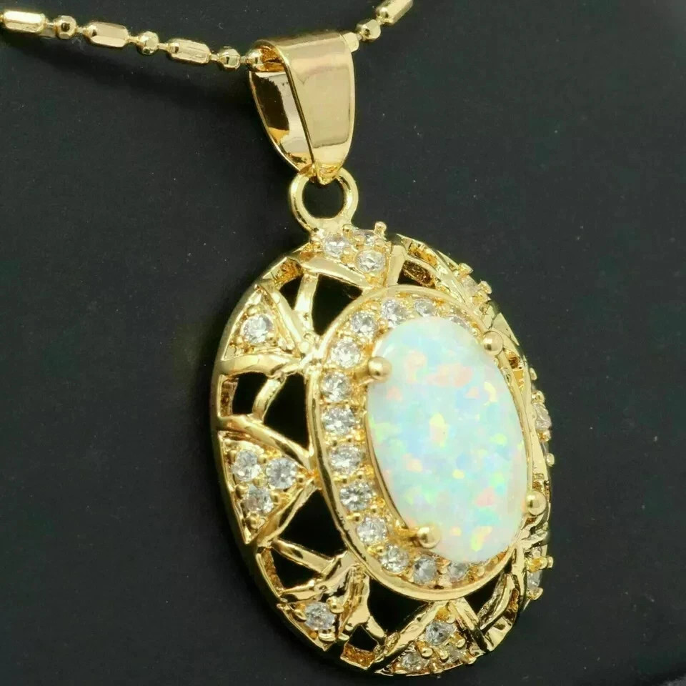 Fire Opal 3Ct Oval Cut Lab Created Vintage Pendant 14K Yellow Gold Plated Silver