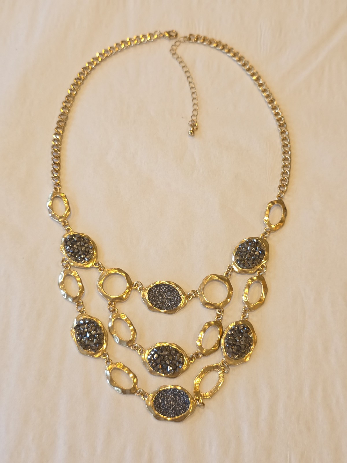 Sparkly Layered Charcoal Gray Bicone Glass Bead Station Necklace Gold Tone Chain