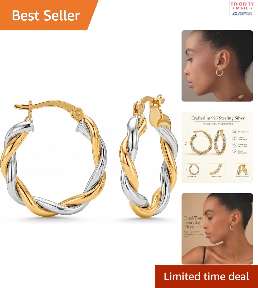 925 Sterling Silver Textured Two-Tone Hoop Earrings 20mm Click-Top Closure