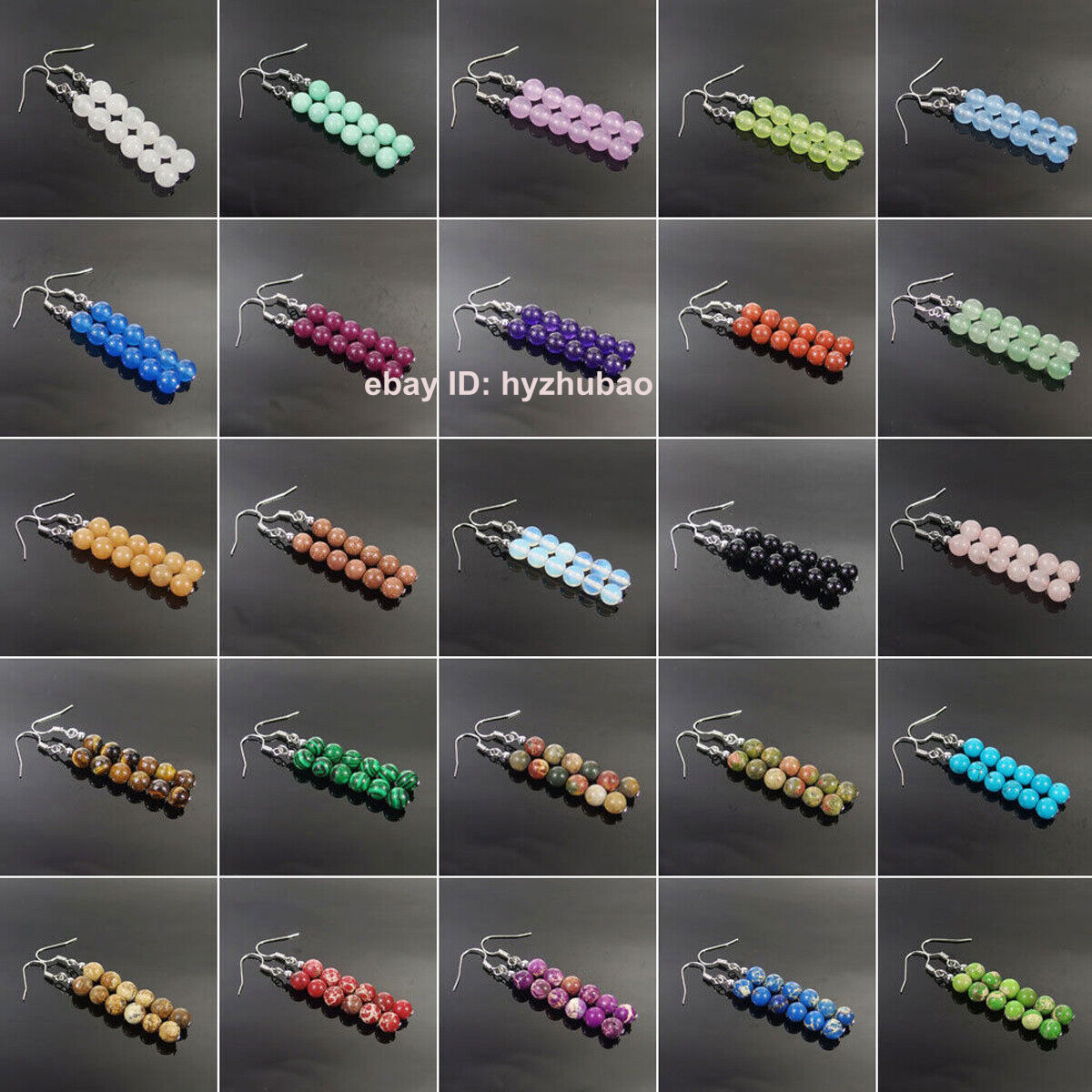 2Pairs 6/8mm Natural Gemstone Smooth Round Beads Silver Hook Dangle Earrings AAA