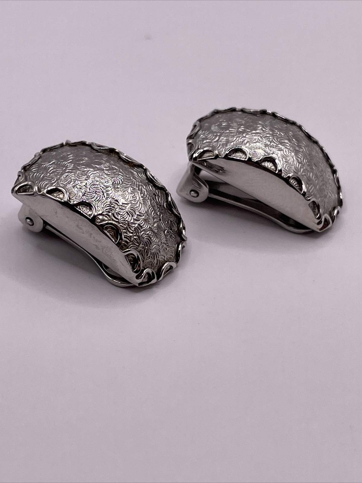 Vintage ALICE Silver Tone Clip On Earrings Brushed Dome Meta Lace MCM AL4.2