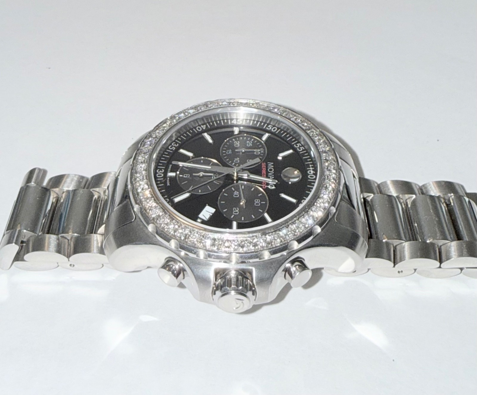 Authentic Movado Men’s Series 800 Chronograph Lab Grown Diamond Black Dial Watch