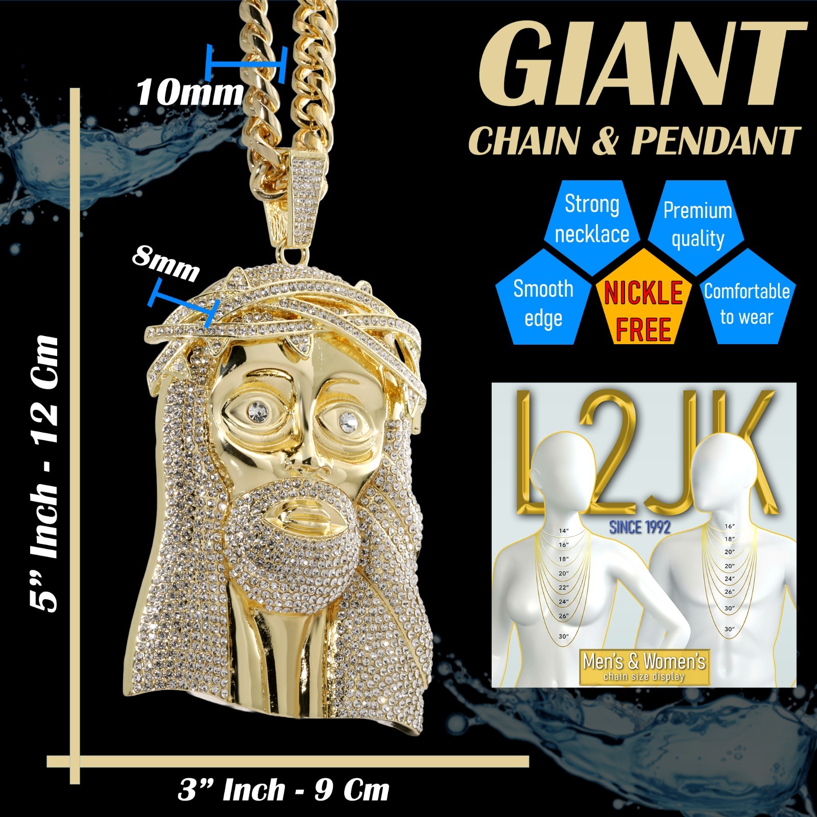 Miami Cuban Curb Chain Necklace 10mm 30In & Crowne Jesus Piece Gold Plated XL