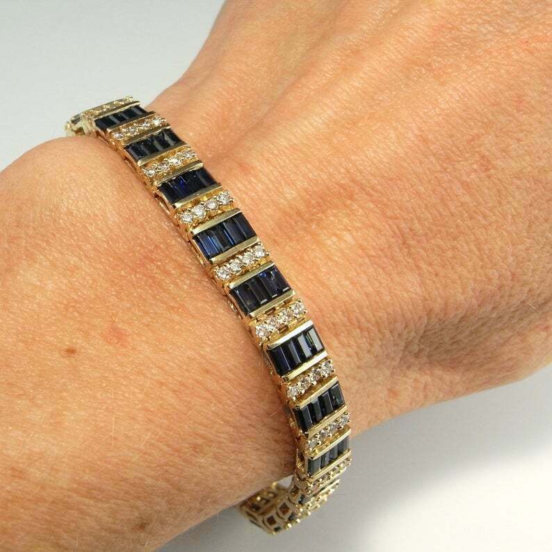 9.65Ct Baguette Natural Sapphire Tennis Bracelet 10k Yellow Gold Silver Plated