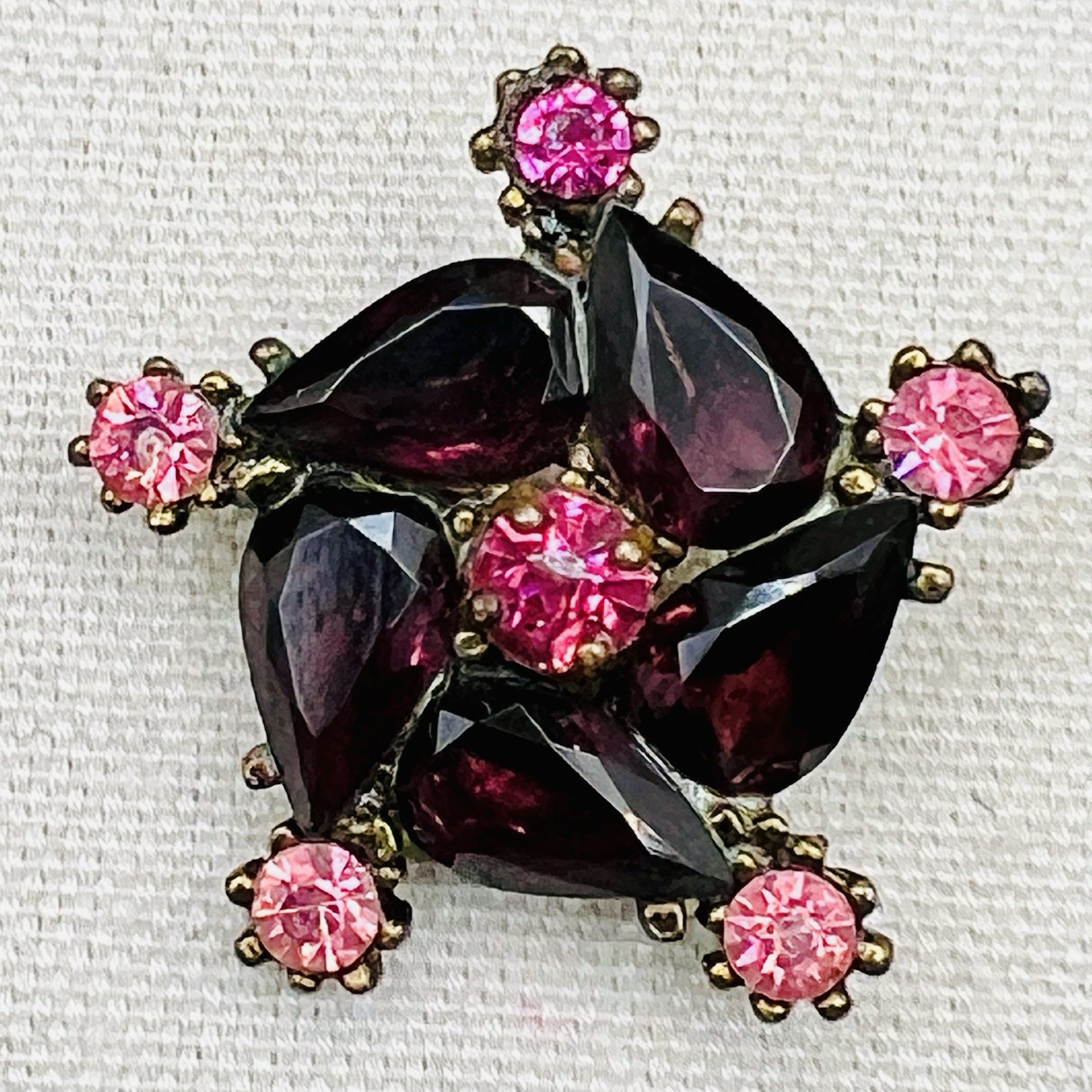 Vintage Plum Purple Navette Rhinestone Floral Statement Brooch Gold Tone