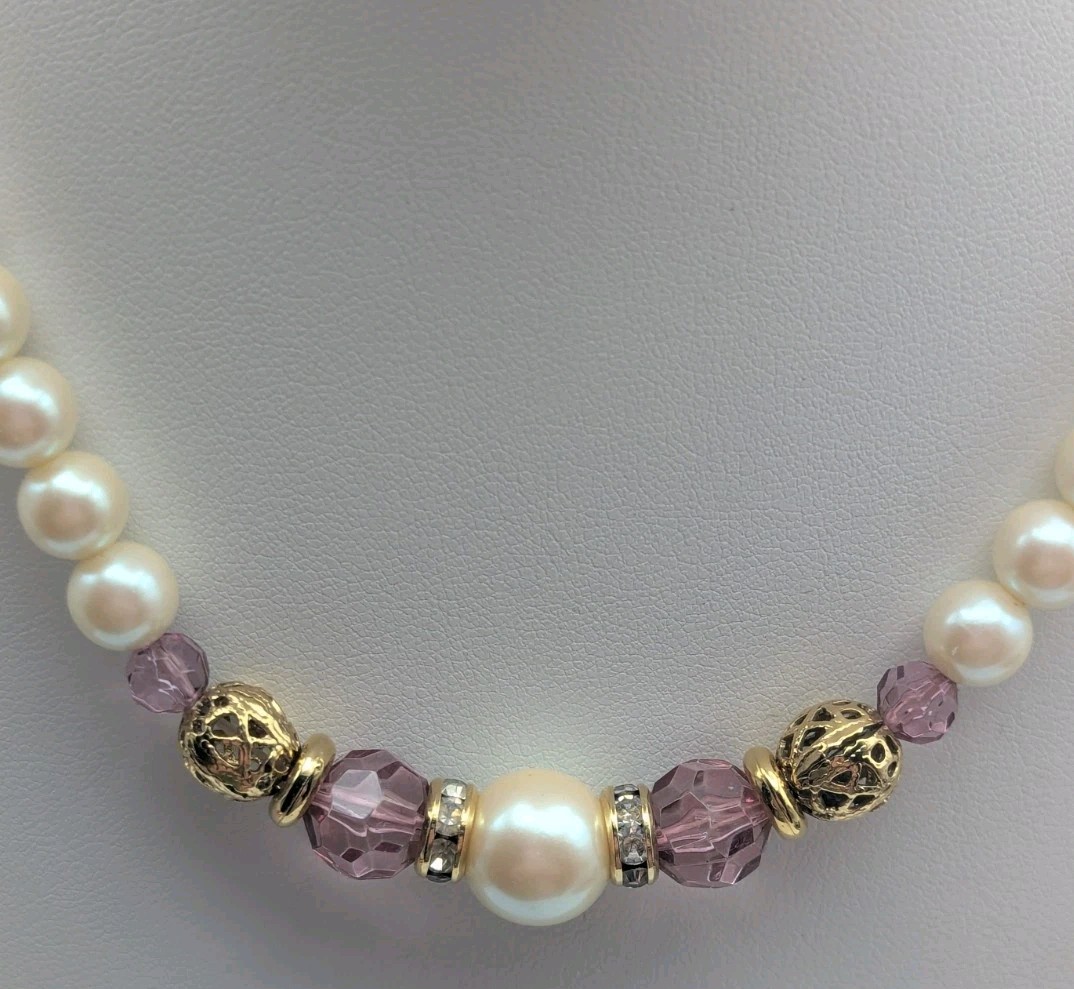 Faux Pearl Gold Tone Necklace Faux Amethyst Rhinestones Approximately 15 Inches