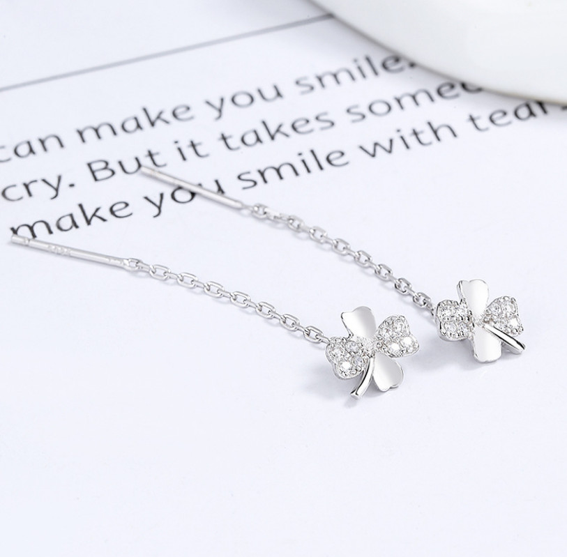 S925 Sterling Silver Clover CZ Dangle Pull Through Threader Stud Earrings PE36