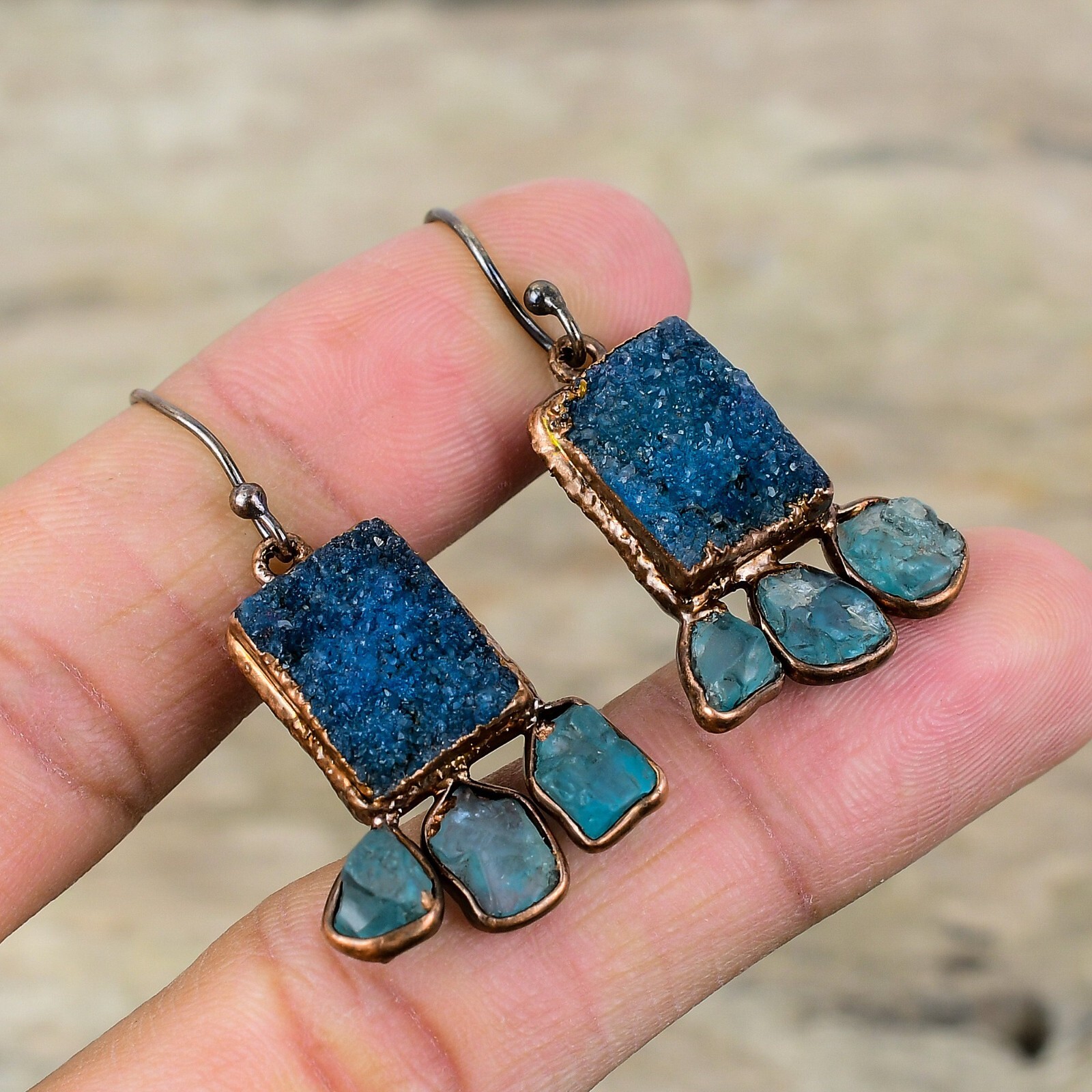 Gift For Her Copper Blue Druzy Jewelry Electroformed Drop/Dangle Earrings 1.77″