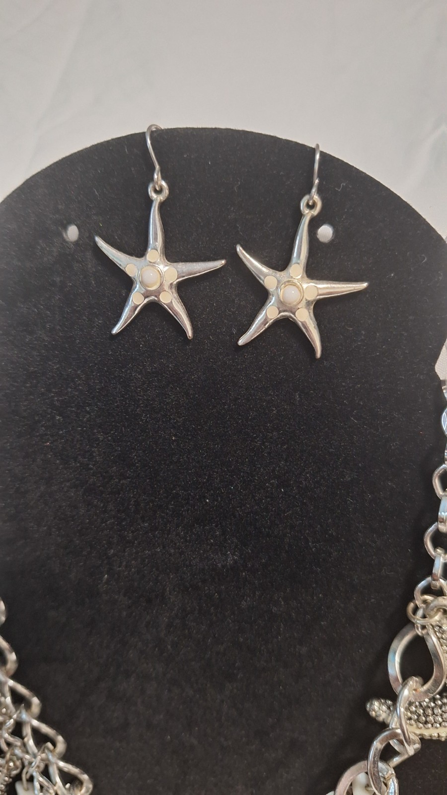 Silver Tone Starfish Simulated Pearl Crystal Jewelry Set Necklace & Earrings