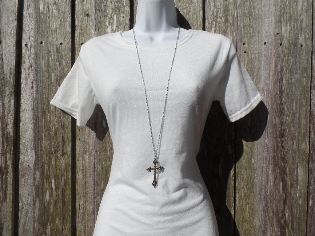 Plain Silver Cross Necklace Long Pendant Fashion Women’s Ladies Chain Crucifix