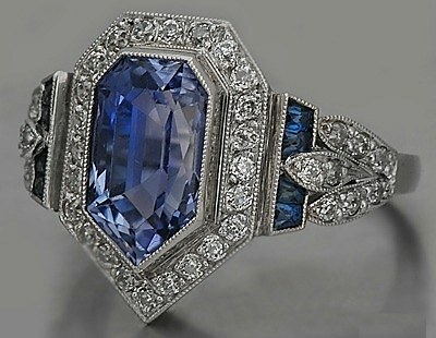 Mid-Century Art Deco Fancy Cut Blue Sapphire With Brilliant White CZ Fine Ring