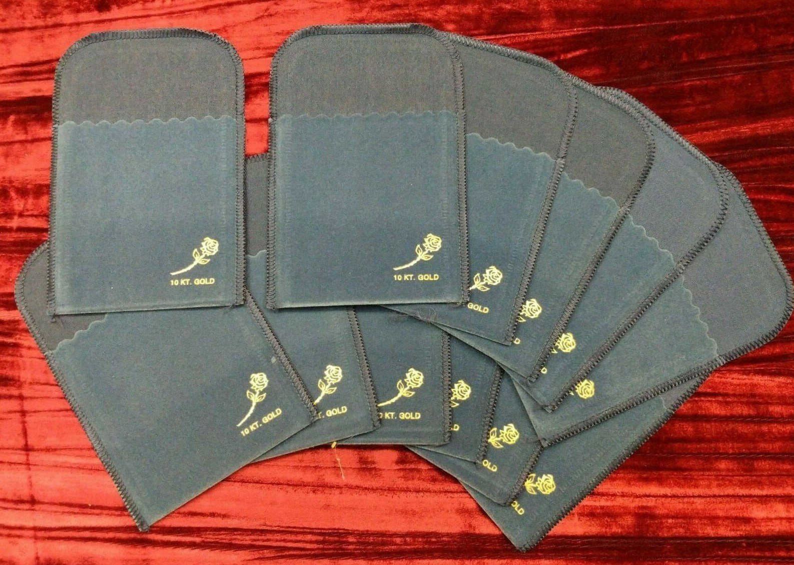 12X New NOS Blue Felt 4″X6″ Pouch Lot 10kt Gold Rose Stamped Keep Jewelry Coins