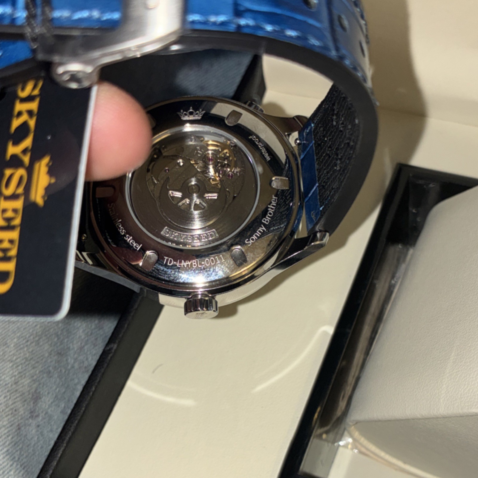 SKYSEED Celestial Blue Automatic Wristwatch, Exhibition Caseback, Leather Band