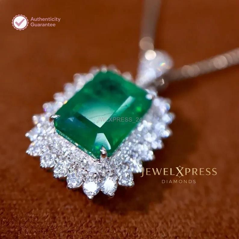 Handmade! 2.00CT Emerald Cut Natural Emerald & Diamond Halo Pendant 14k Gold