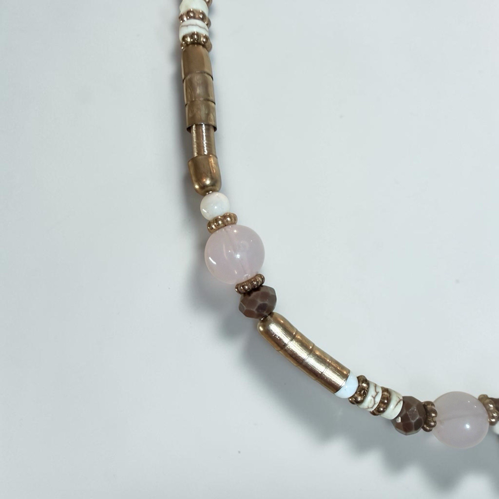 Gold Tone Link Chain Beaded Necklace, Pink & White Round Stone Beads