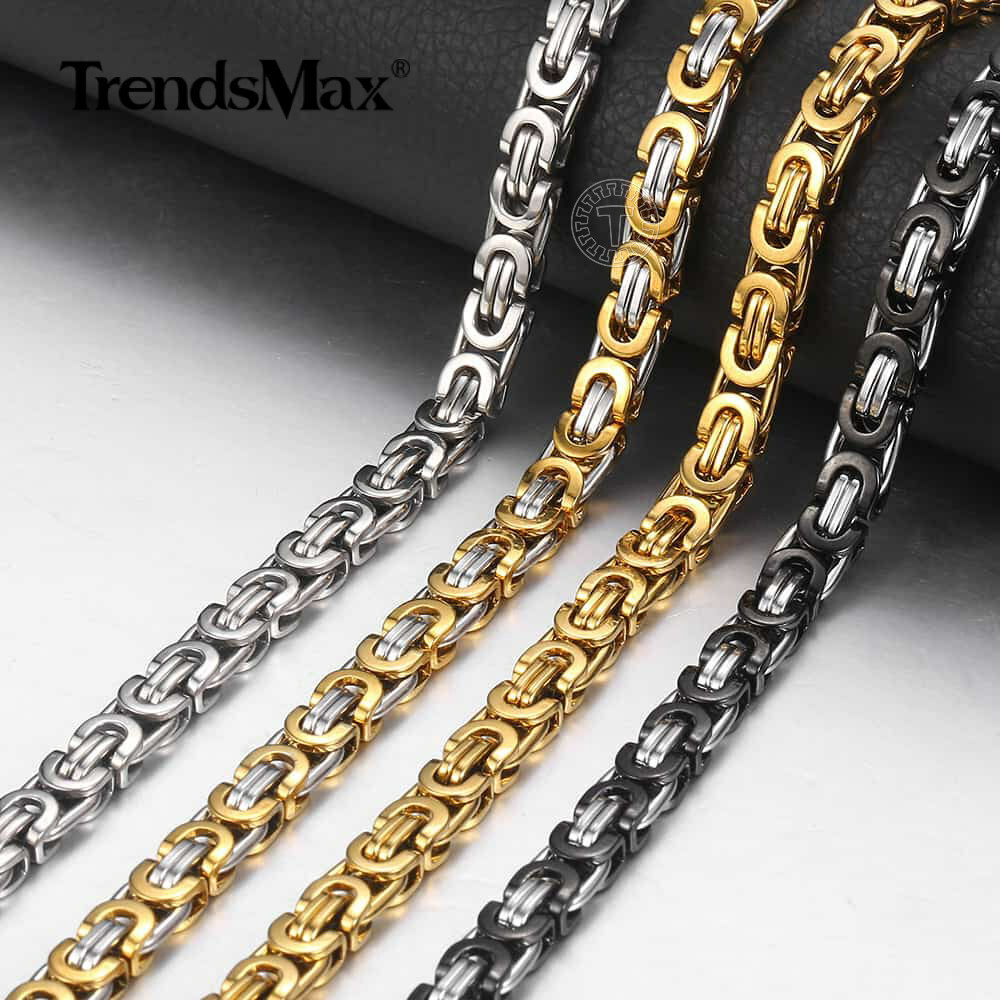 Heavy Black/Silver/Gold Plated Stainless Steel Flat Byzantine Chain Necklace