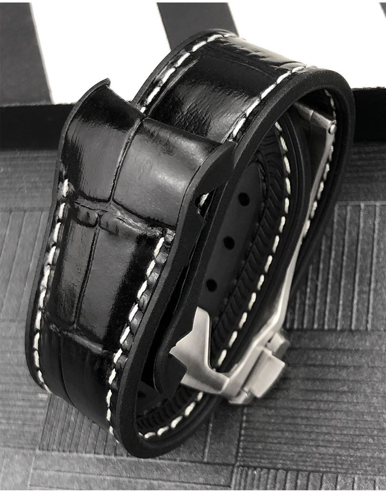Fits Omega Semaster Planet Ocean 600 Black Leather Strap Rubber Lining Band 21mm