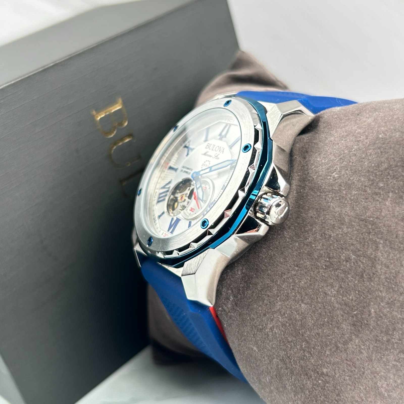 Bulova Marine Star 98A225 White Dial Blue Rubber Strap Men Automatic Watch 45MM