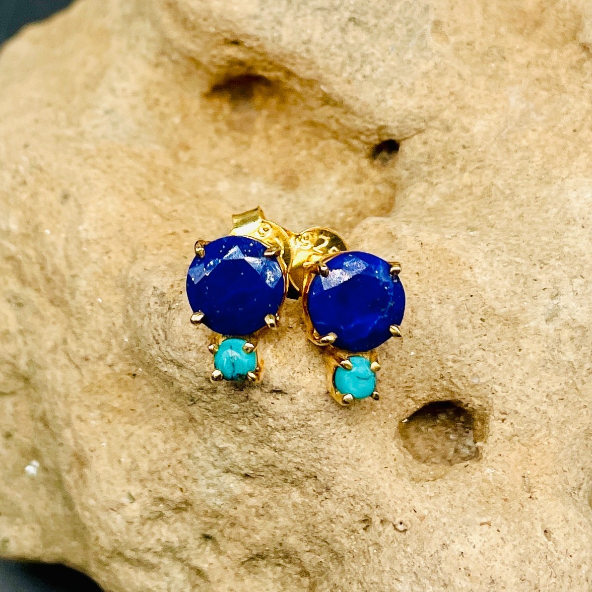 Lapis Lazuli & Turquoise Stud Earring Yellow Gold Tone Dainty Boho Jewelry Women