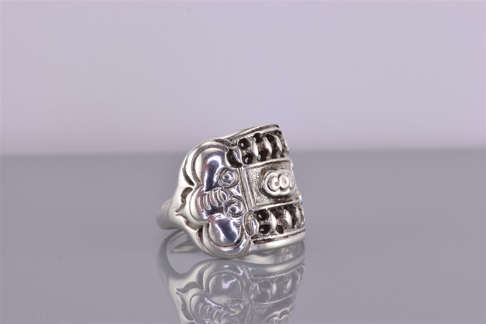 Sterling Silver Ornately Detailed Shield Split Band Ring 925 Adj Sz: 8