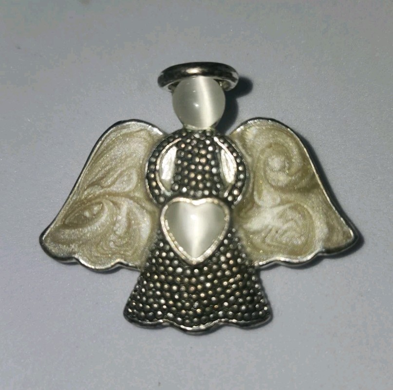 Premier Designs Silver Tone Angel Brooch With Enamel Wings, Cat’s Eye Cabochons