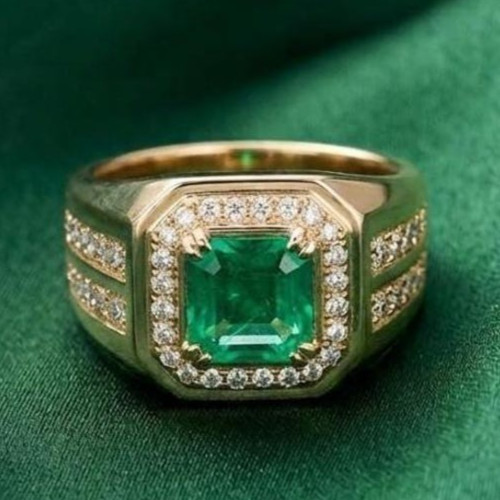 1.50CT Asscher Natural Emerald & Diamond Halo Ring For Wedding 14k Yellow Gold