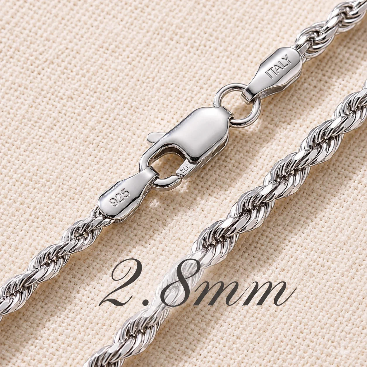 Diamond Cut Rope Chain Rhodium Plated 925 Sterling Silver Italy 18″ 20″ 22″ 24″