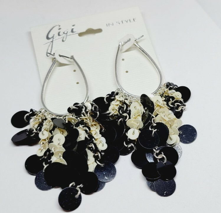 Gigi In Style Black & White sequin Design OVAL Hoop Dangle Earrings 3.75 in Drop