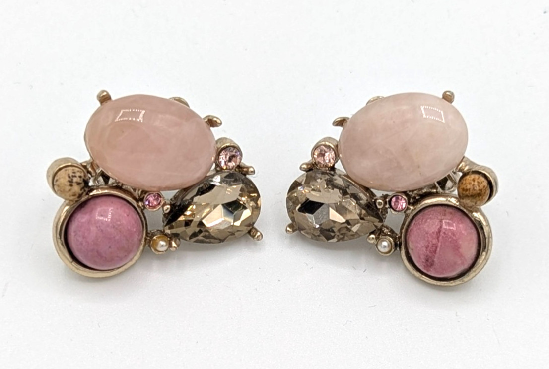 Vintage Pink Rose Quartz Clip On Earrings Smoky Rhinestone teardrop Chicos
