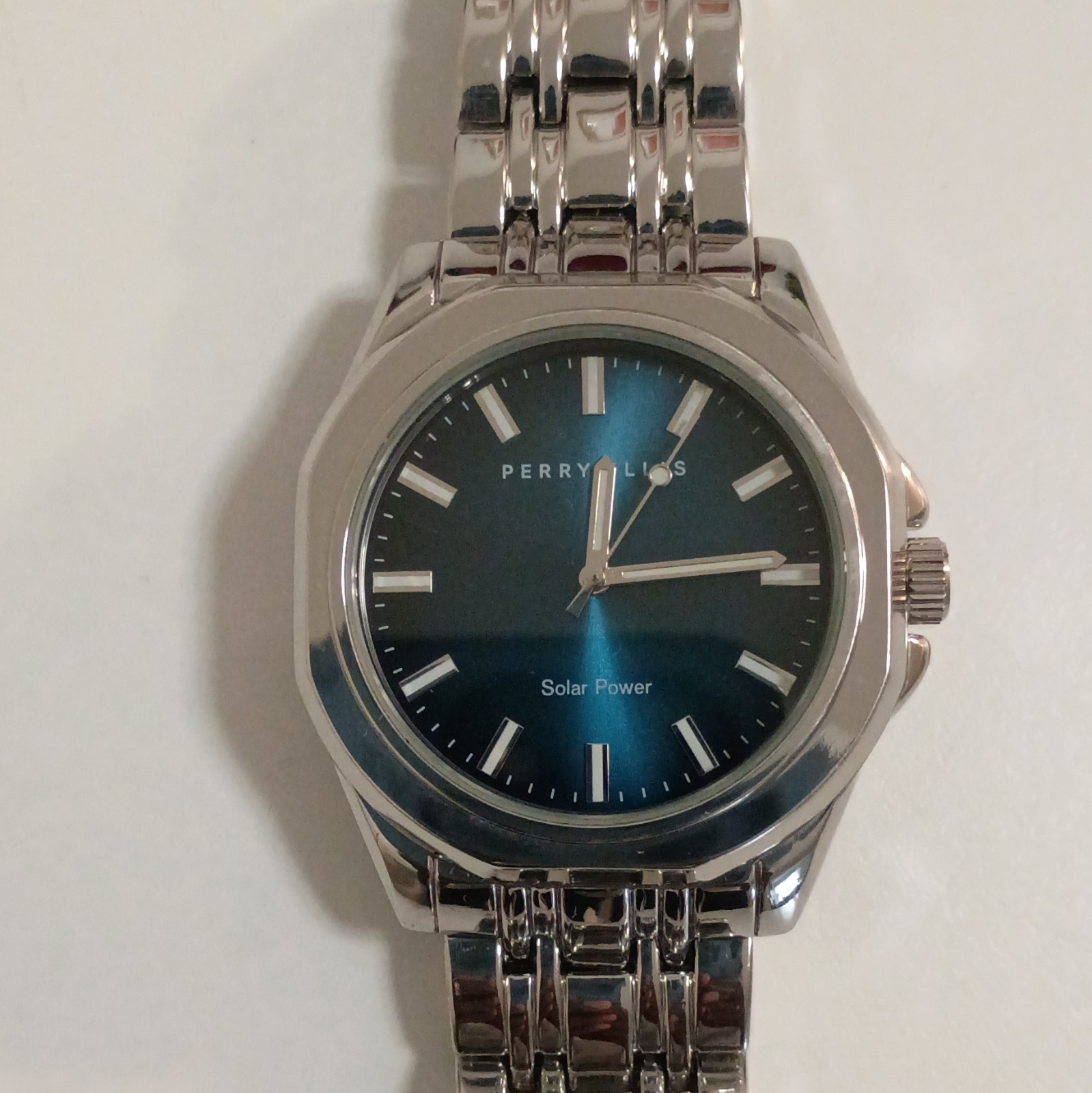 Perry Ellis Solar Power Solar Quartz Analog Blue Dial Silver Tone Bracelet