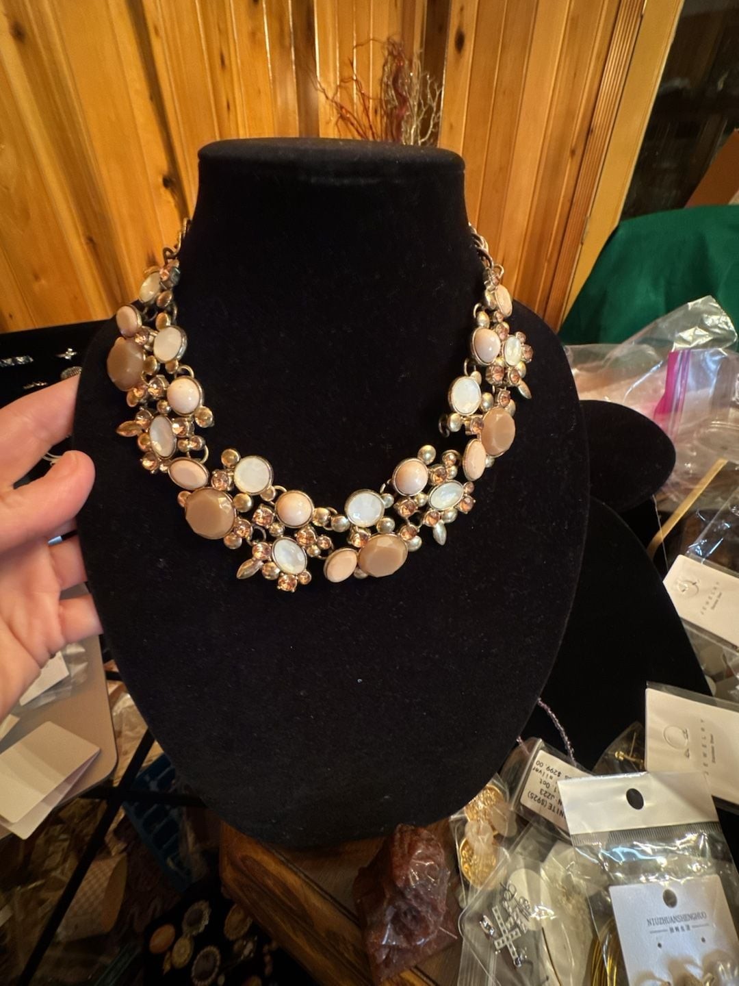 Avenue NY Gold-Tone Statement Necklace with Cream and Taupe Cabochons