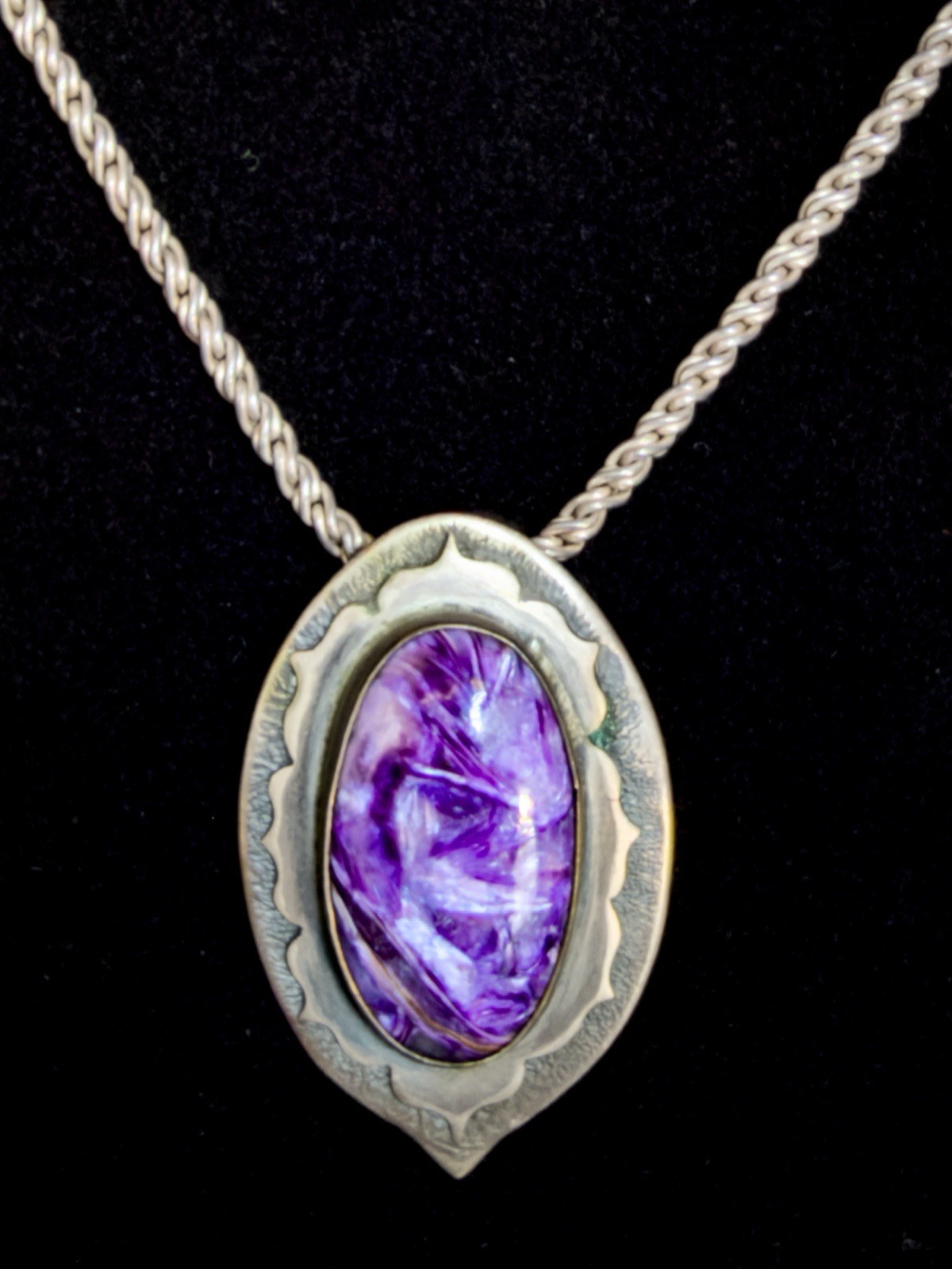 Purple Stone Pendant Necklace w Charoite Cabochon, 925 Silver + 10K Gold, 1.1 oz