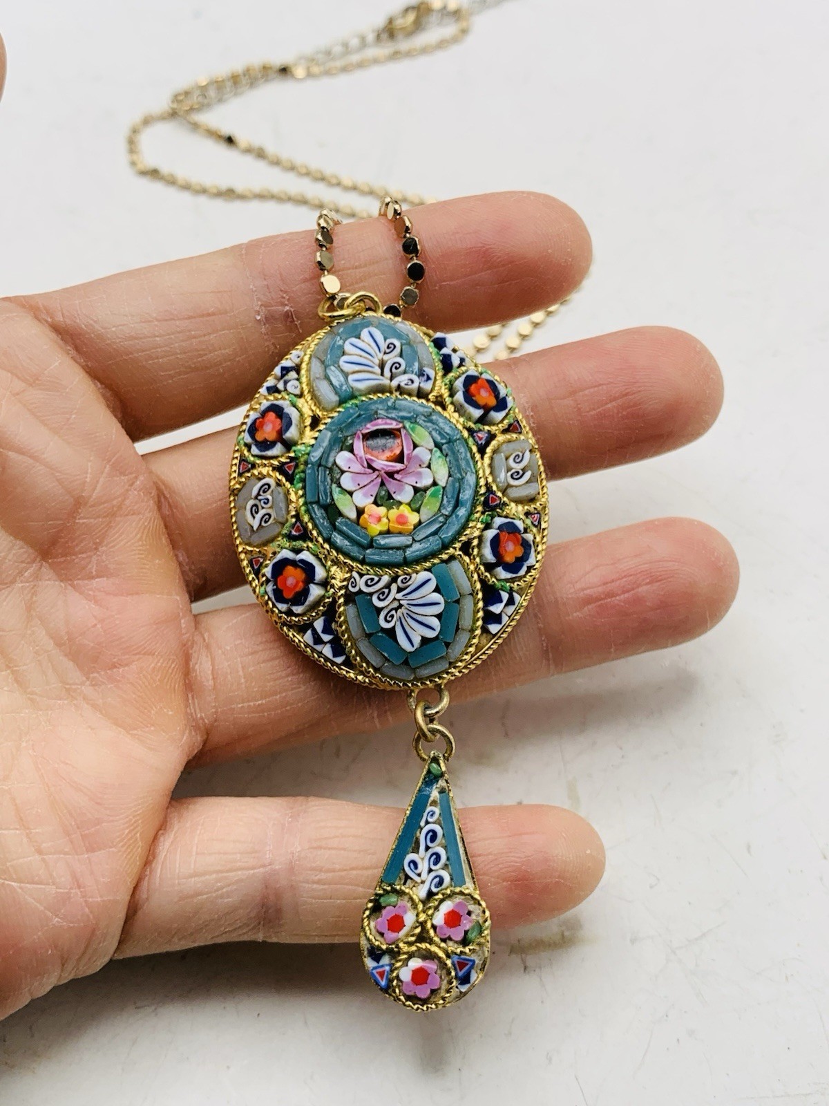 Vintage Colorful Boho Italian Micro mosaic Millefiori Floral Gold Tone Necklace
