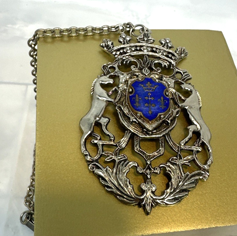 Vintage Heraldic Coat of Arms Pendant Necklace Blue Shield Lions Crown Gothic