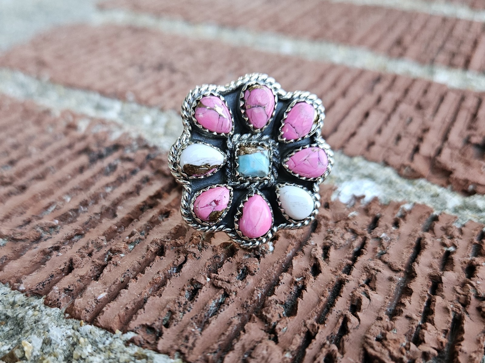 Sterling Silver Cotton Candy Turquoise Cluster Ring with Adjustable Band