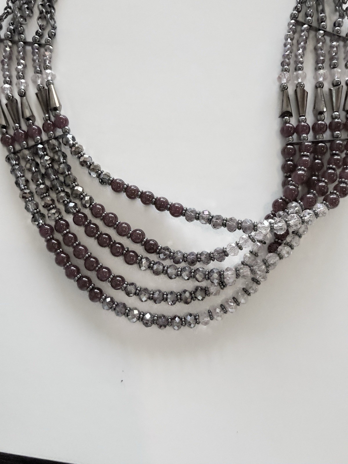 Silver Tone Purple Glass Beaded Multi-Strand Layered Necklace Lobster Adjustable