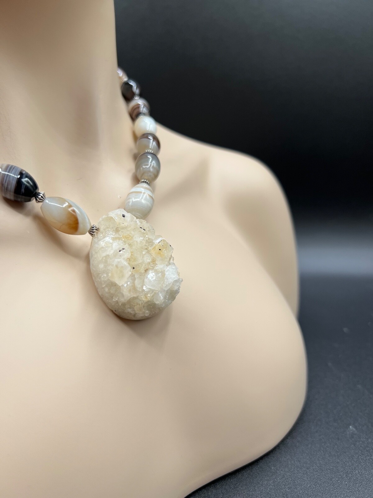 NATURAL DRUSY QUARTZ PENDANT WITH BOSTWANA AGATE BEAD NECKLACE EARRING SET