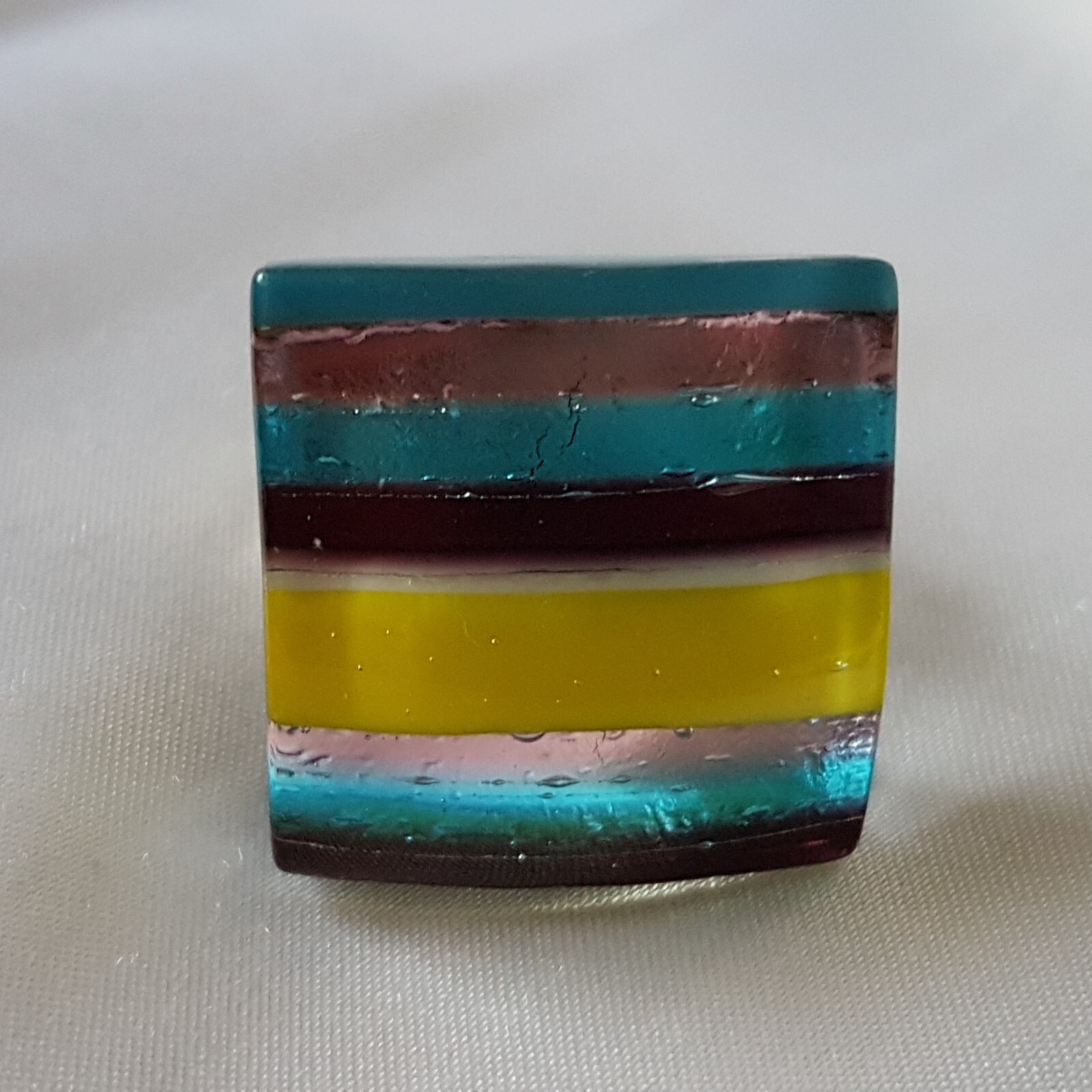 Ring ~ Blue, Brown, Yellow Stripes ~ Glass & Chrome ~ UK Size M 1/2 (Adjustable)